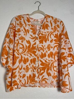 Christian Siriano Women Sz S Linen Blend Blouse Orange/White Leaf Pattern